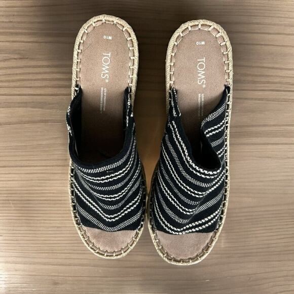 TOMS Women’s 10 Monica Mule Wedge Sandal Black Stripe Canvas Espadrille - Picture 4 of 7